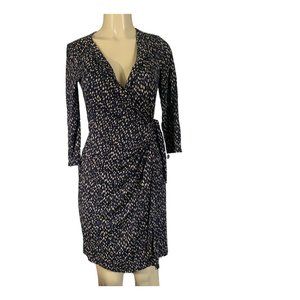 Ann Taylor Wrap Dress Women's Size SP Petite Navy Cream Pattern 3/4 Sleeve